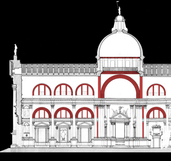 Restituzione delle parti con pittura rossa nella chiesa di San Giorgio a Venezia
