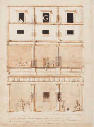 5. Anonimo italiano del ‘500, <i>Alzato del fronte settentrionale del cortile di Palazzo Branconio dall’Aquila</i>