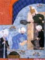 L’architetto Sinan (a sinistra, con la verga in mano) in una miniatura ottomana del XV secolo