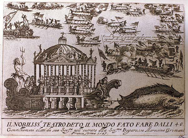 Il "teatro del mondo" galleggiante, progettato da Vincenzo Scamozzi per l'incoronazione della dogaressa Morosina Grimani