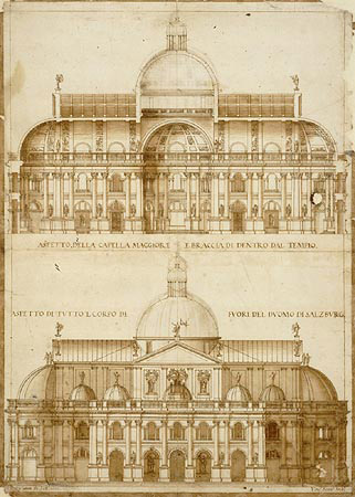 Facciata e sezione trasversale del duomo di Salisburgo