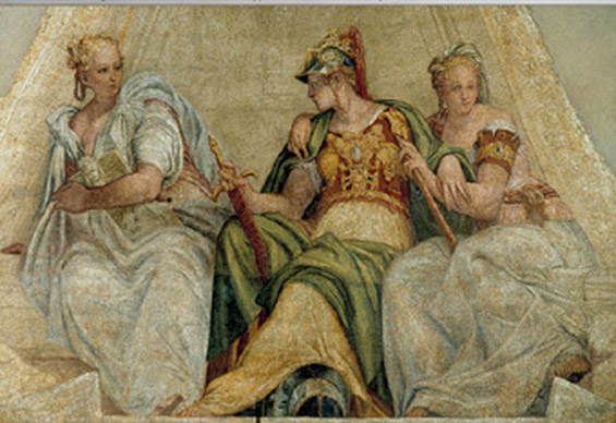 Minerva fra la Geometria e l’Aritmetica, affresco staccato da villa Soranza