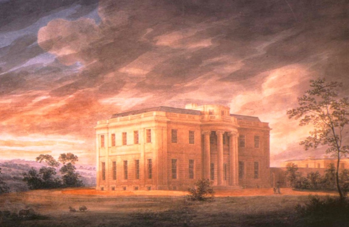 veduta prospettica della facciata di Tyringham, Backinghamshire