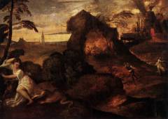 Tiziano Vecellio, <i>Orfeo e Euridice</i>, 1510 ca. (Bergamo, Accademia Carrara): sullo sfondo una fonderia in attività con le ruote idrauliche che azionano i mantici