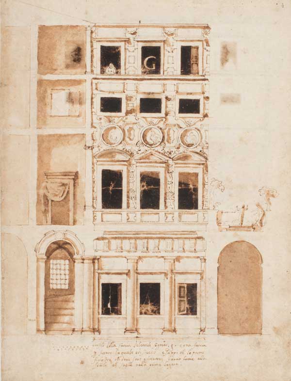 4. Anonimo italiano del ‘500, <i>Alzato del fronte orientale del cortile di Palazzo Branconio dall’Aquila</i>



